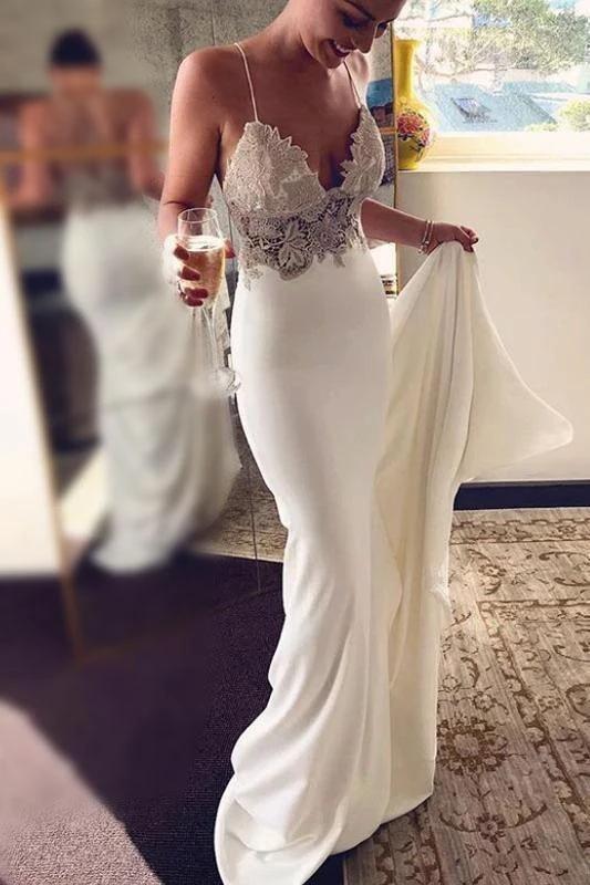 Sexy Spaghetti Straps Pretty Mermaid Long Beach Elegant Wedding Dresses with Lace (ZD16574)