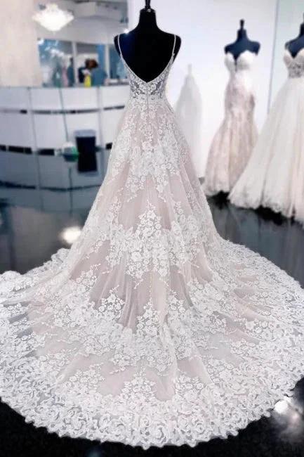 Sexy Spaghetti Straps Sleeveless A-Line Lace Backless Wedding Dresses With Train (ZD14592)