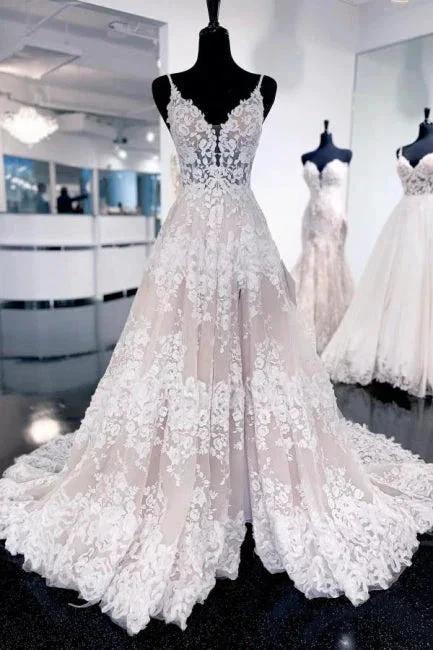 Sexy Spaghetti Straps Sleeveless A-Line Lace Backless Wedding Dresses With Train (ZD14592)