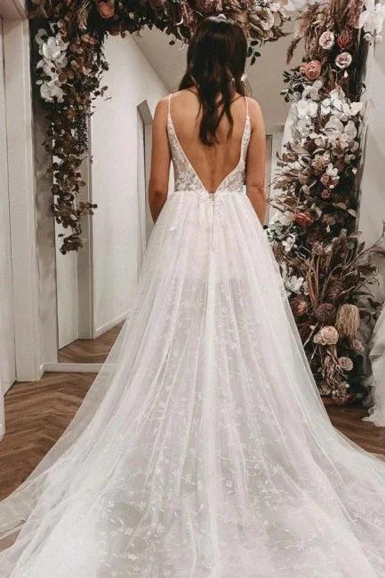 Sexy Spaghetti Straps Sleeveless A-Line Lace Wedding Dresses (ZD14652)