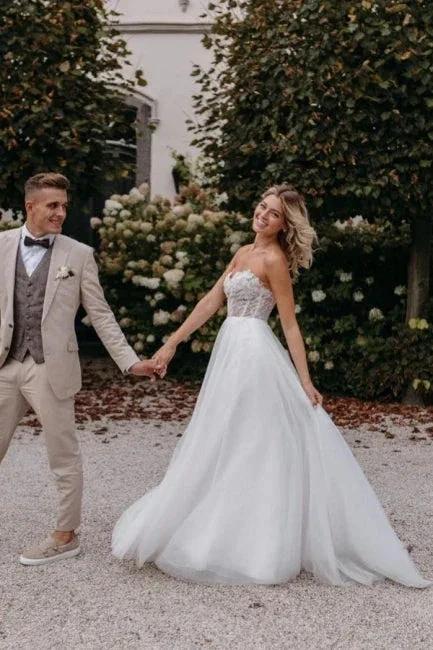 Sexy Strapless Sleeveless Column Floor-Length Tulle Wedding Dresses with Appliques (ZD16559)