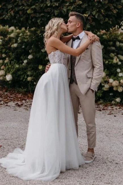 Sexy Strapless Sleeveless Column Floor-Length Tulle Wedding Dresses with Appliques (ZD16559)