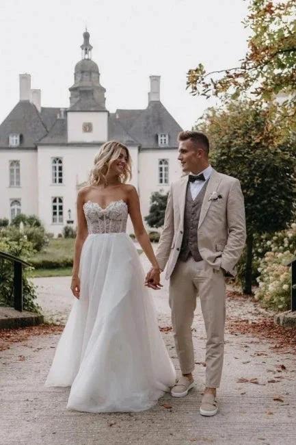 Sexy Strapless Sleeveless Column Floor-Length Tulle Wedding Dresses with Appliques (ZD16559)