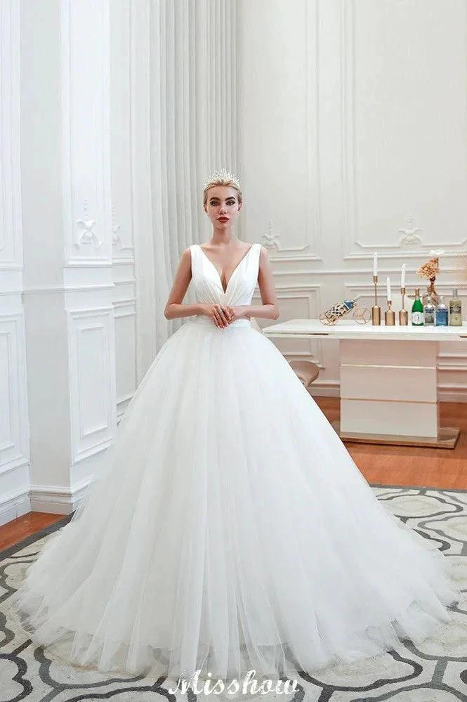 Sexy V-Neck Sleeveless Princess Spring Wedding Dress | White Low Back Bridal Gowns with Belt (ZD13982)