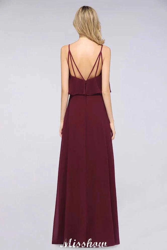 Shapghetti Burgundy Bridesmaid Dress Backless Chiffon Wedding Guest Dress (ZD12943)