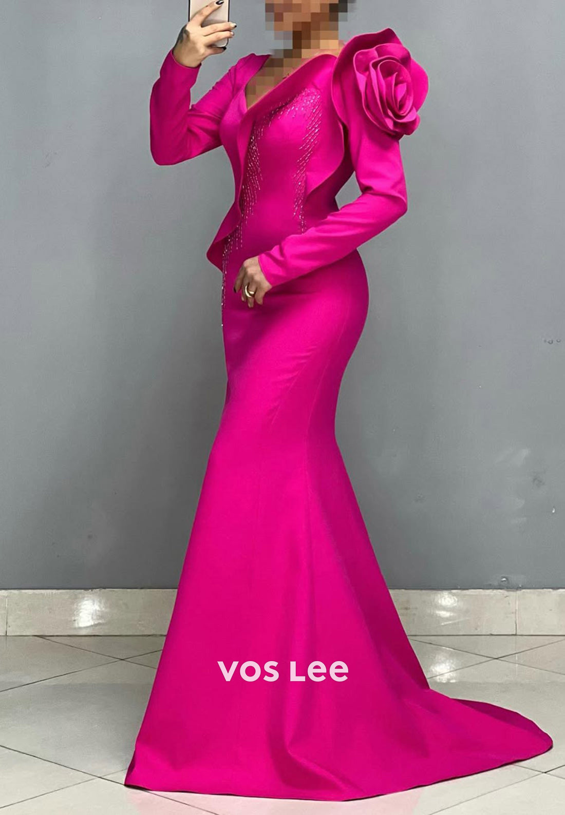 Big Flower V-Neck Long Sleeves Mermaid Formal Party Evening Dress - VelvetHem