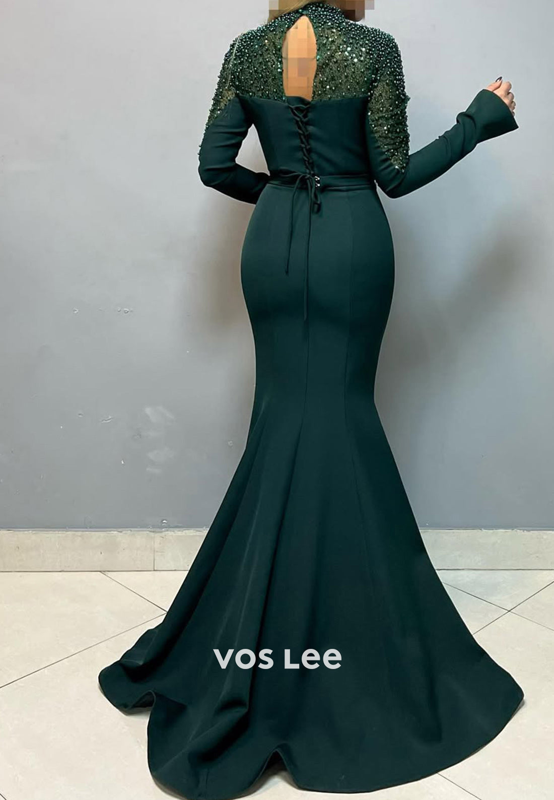 High Neck Pearls Long Sleeves Mermaid with Train Party Evening Dress - View 9 | VelvetHem