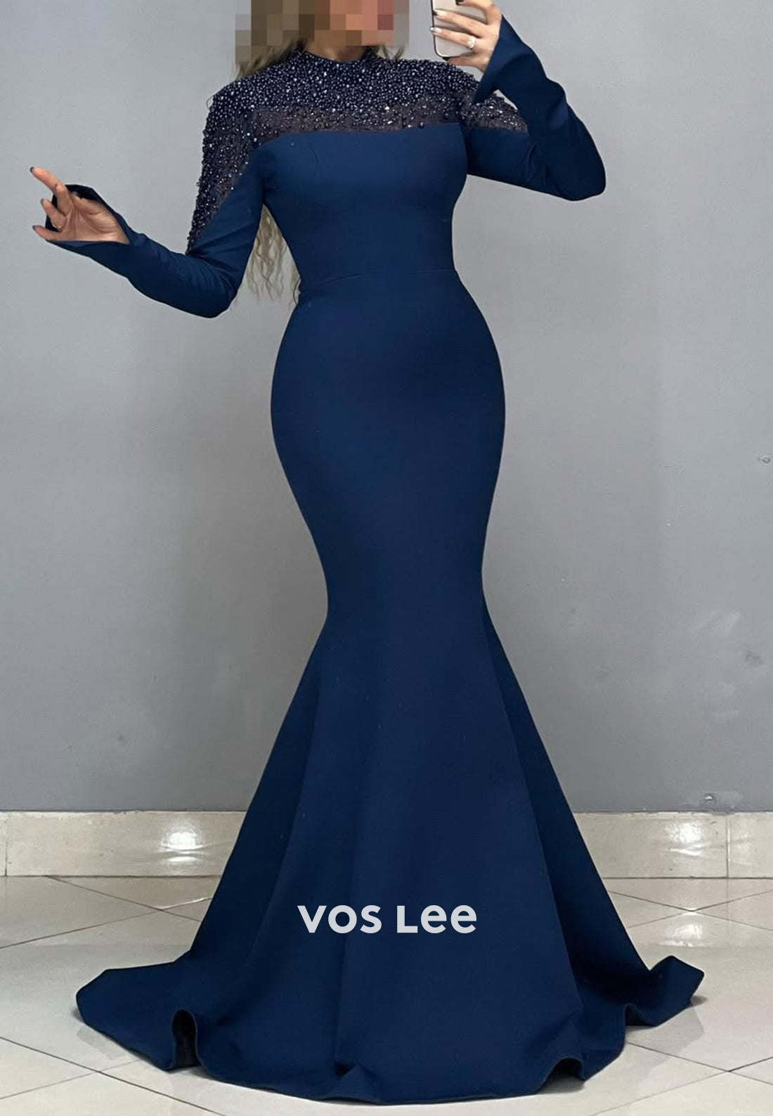 High Neck Pearls Long Sleeves Mermaid with Train Party Evening Dress - View 4 | VelvetHem