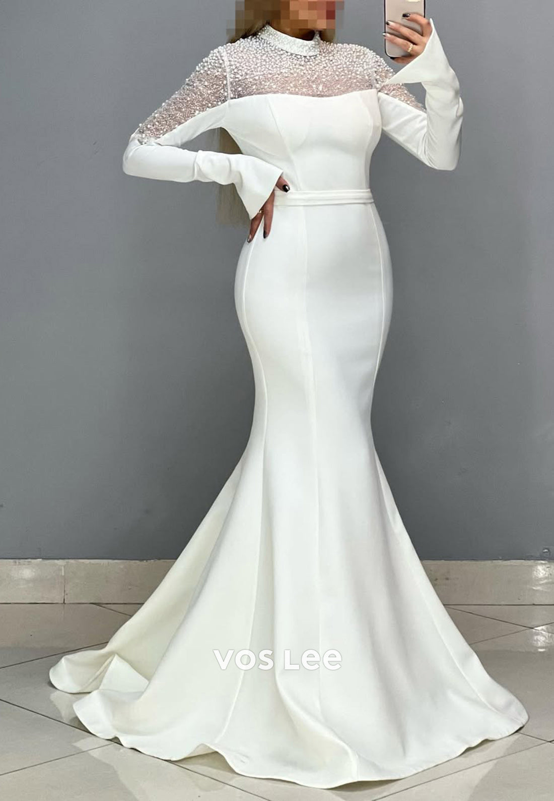 High Neck Pearls Long Sleeves Mermaid with Train Party Evening Dress - View 3 | VelvetHem