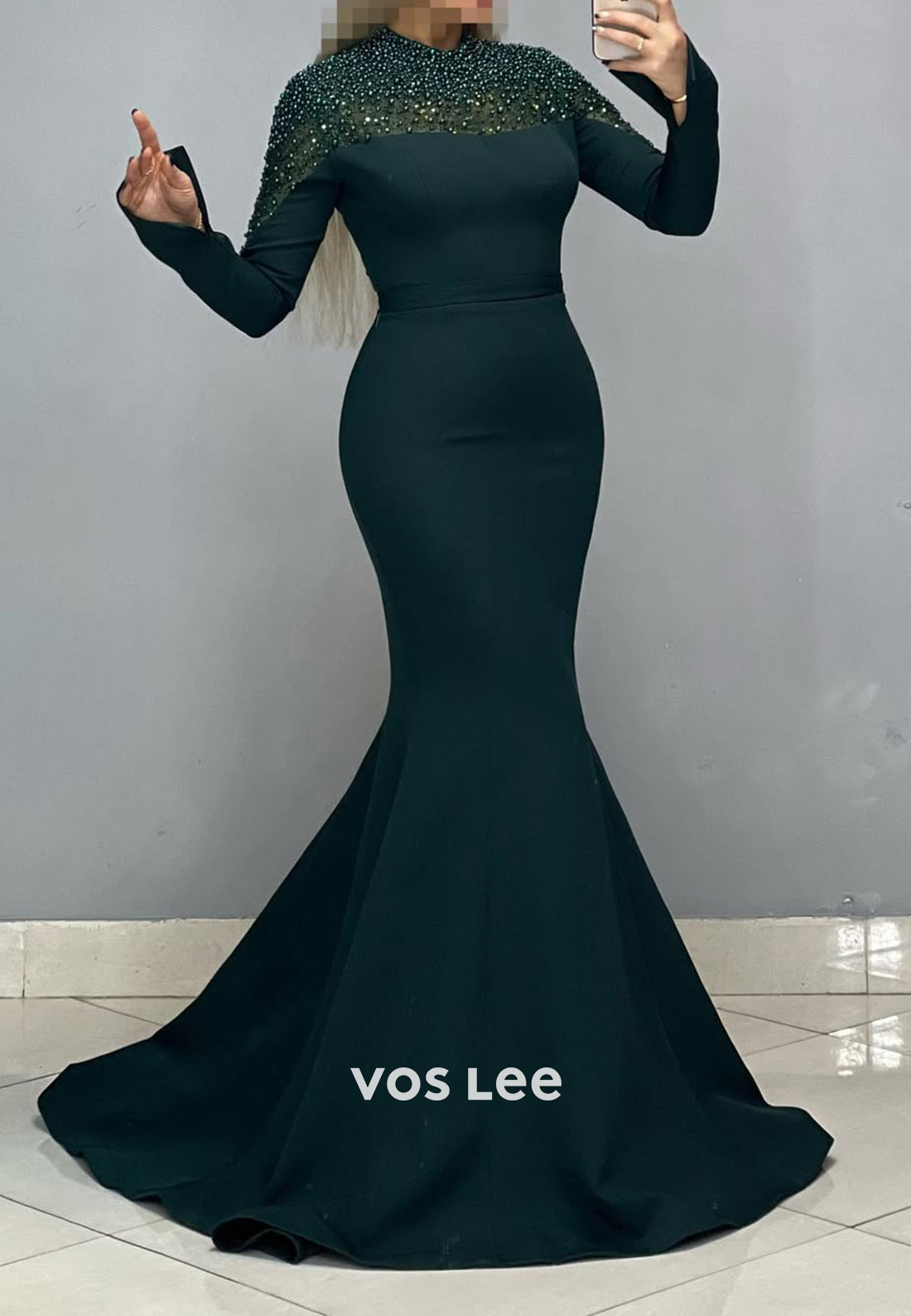 High Neck Pearls Long Sleeves Mermaid with Train Party Evening Dress - View 7 | VelvetHem