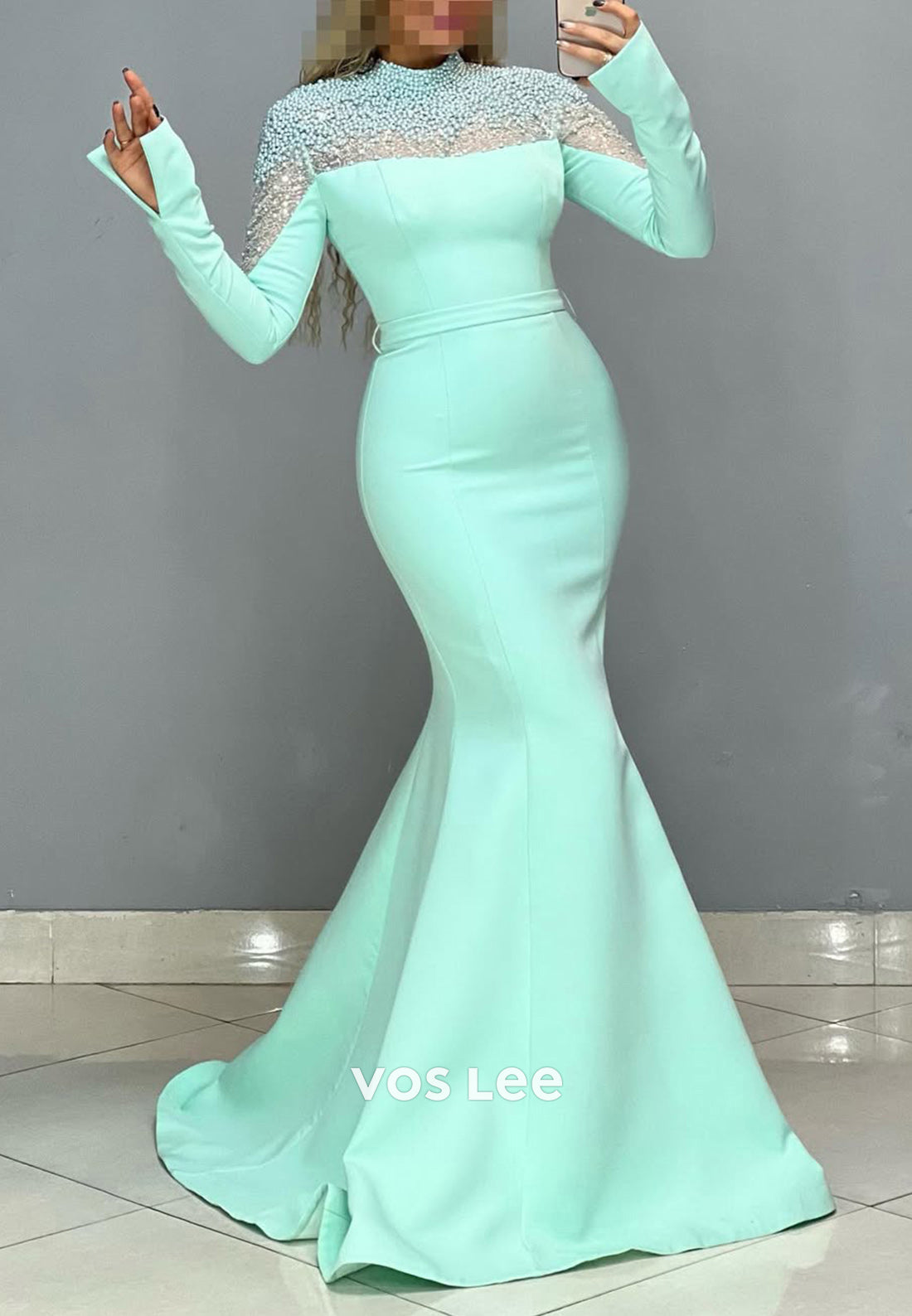 High Neck Pearls Long Sleeves Mermaid with Train Party Evening Dress - VelvetHem