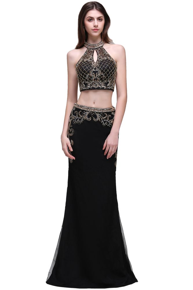 Sheath Crystal Halter Black Two Pieces Prom Dresses - VelvetHem