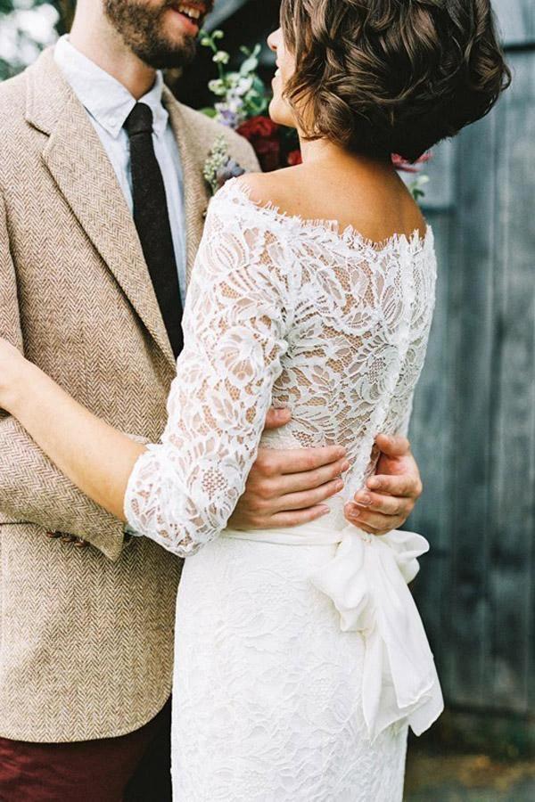 Sheath Off-the-Shoulder White Sweep Train Wedding Dress with Long Sleeve (ZD16257)