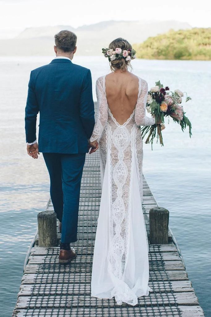 Sheath/Column  Lace Wedding Dress With Long Sleeve Open Back Bridal Gown (ZD16339)