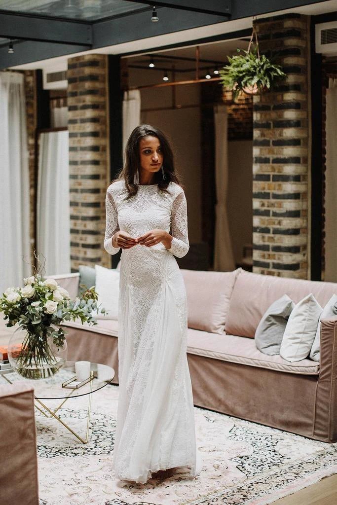 Sheath/Column  Lace Wedding Dress With Long Sleeve Open Back Bridal Gown (ZD16339)