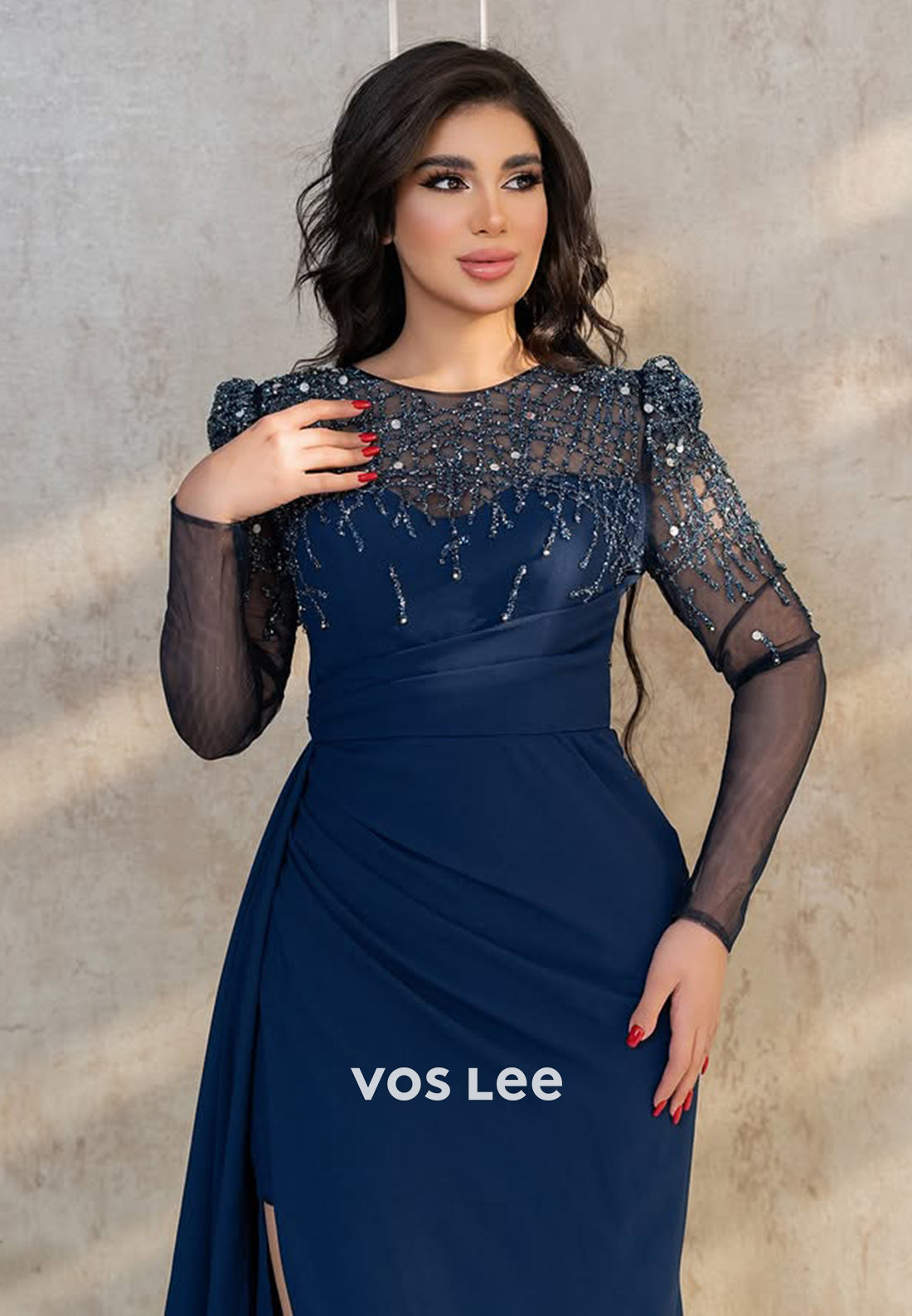 Blue Long Sleeves A-Line Applique Evening Dress Formal Gown with High Slit - View 2 | VelvetHem