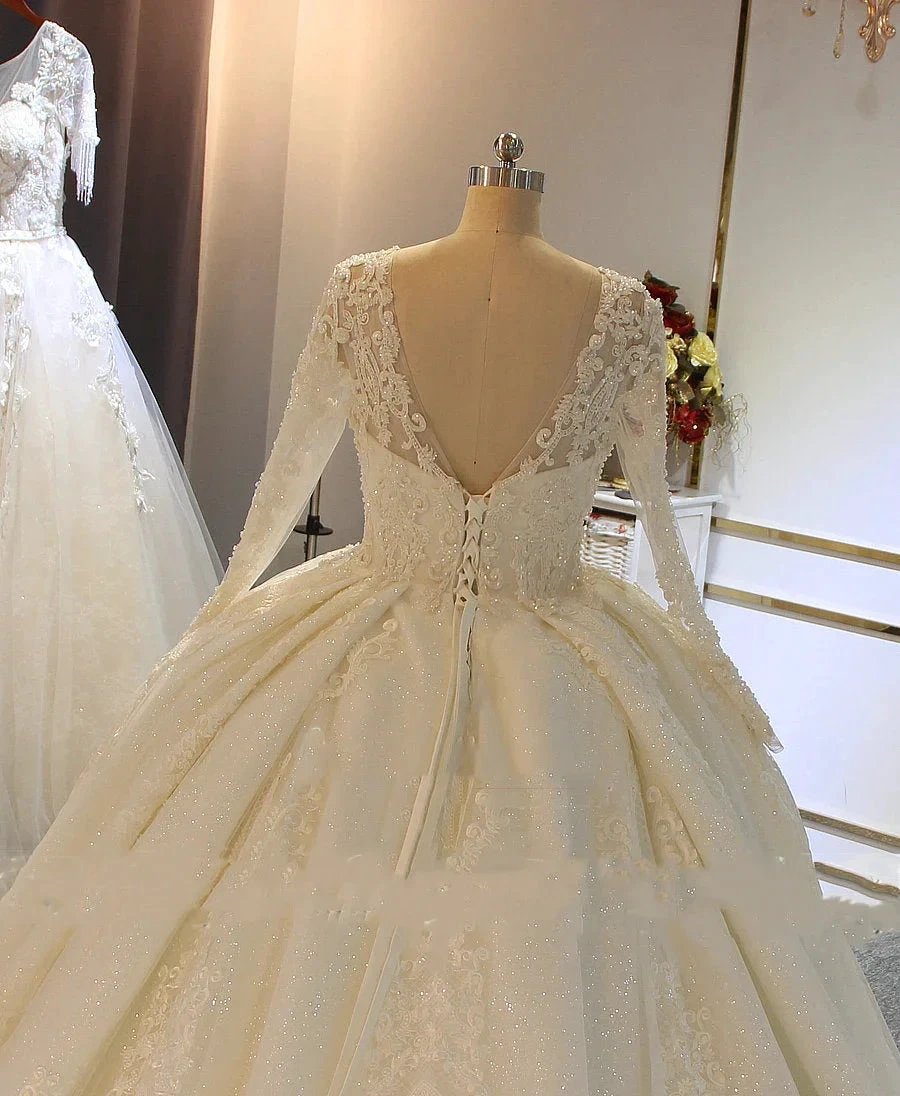 Shinny Long A-line Full Beading Lace-Up Wedding Dresses with Sleeves (ZD14393)