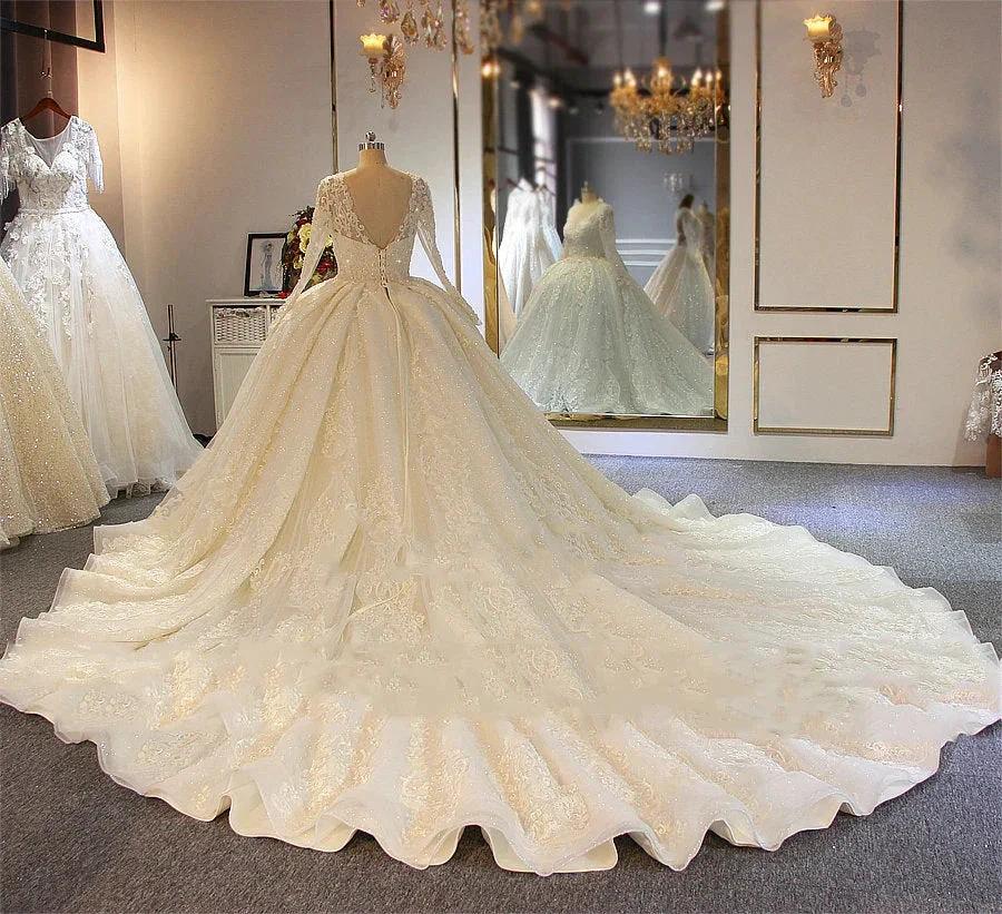 Shinny Long A-line Full Beading Lace-Up Wedding Dresses with Sleeves (ZD14393)