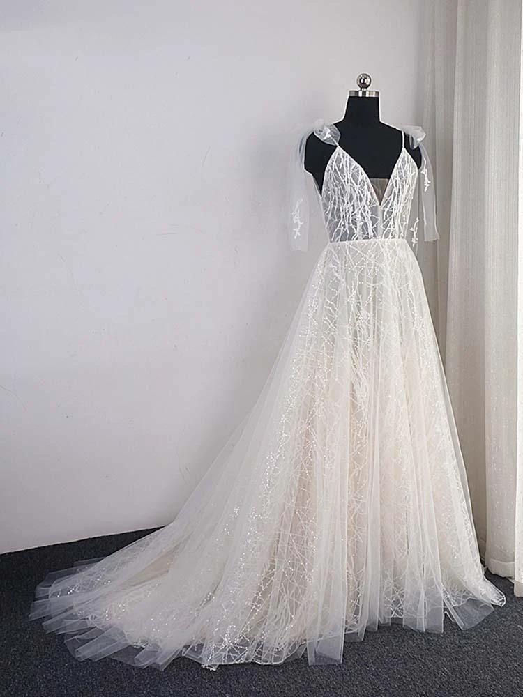 Shinny Long A-Line V-Neck Backless Sequins Wedding Dresses (ZD15891) - VelvetHem