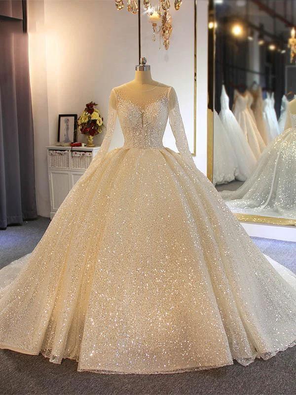 Shinny Long Ball Gown Sweetheart Sparkling Wedding Dresses with Sleeves (ZD15887) - VelvetHem