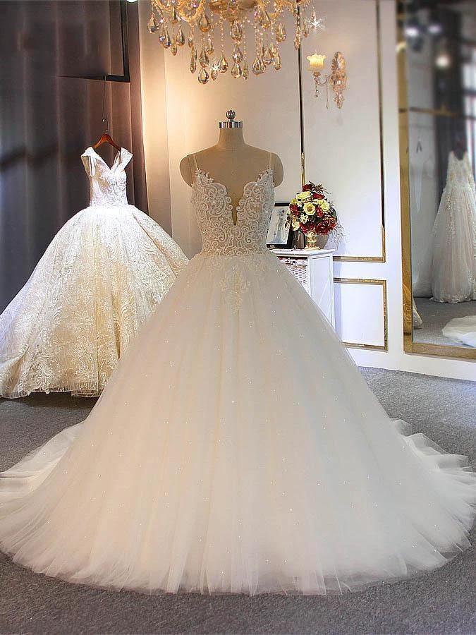 Shiny Long Ball Gown Sweetheart Spaghetti Strap Lace Tulle Wedding Dresses (ZD15878) - VelvetHem