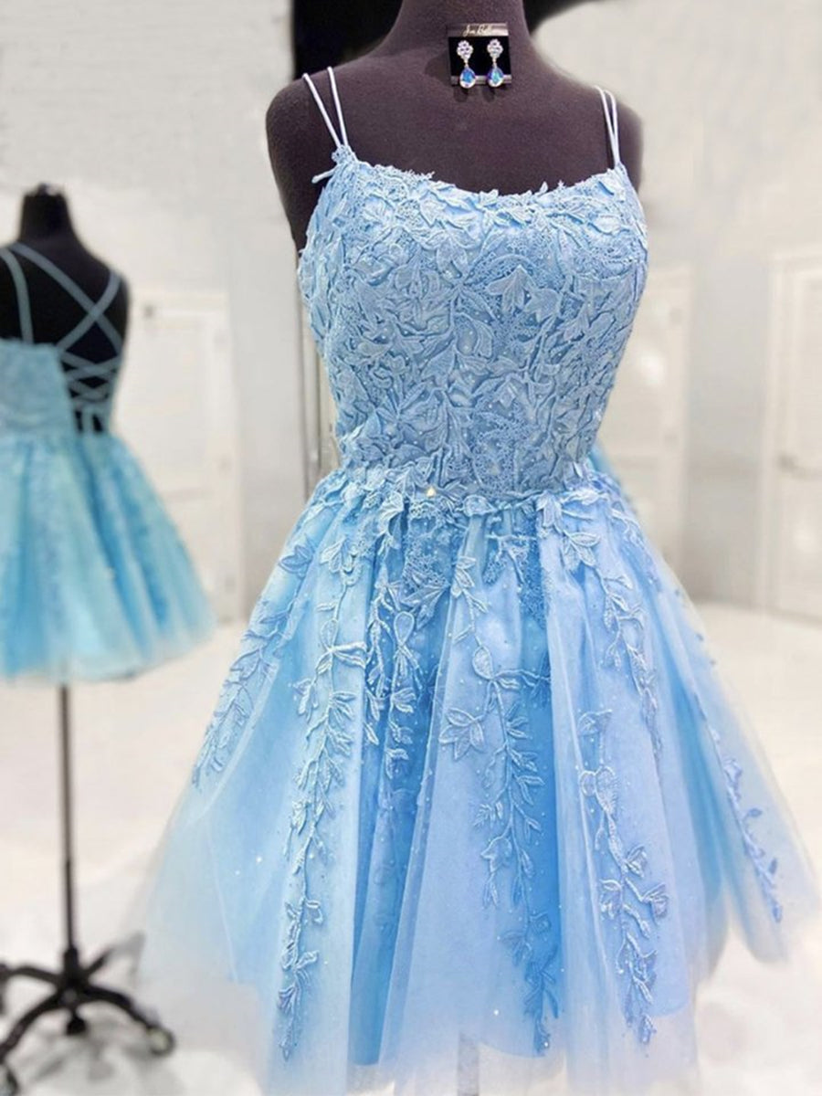 Short A-line Sleeveless Tulle Lace Backless Prom Homecoming Dresses - VelvetHem