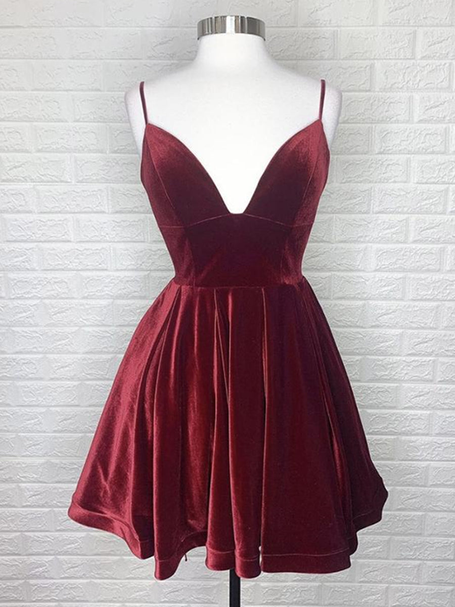 Short A-line V Neck Backless Velvet Prom Gowns Burgundy Formal Graduation Homecoming Dresses