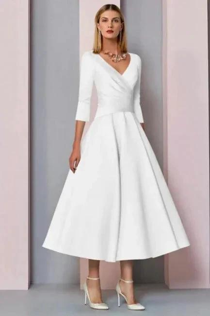 Simple A-line Short V-Neck Long Sleeves Satin Wedding Dresses (ZD14601) - VelvetHem