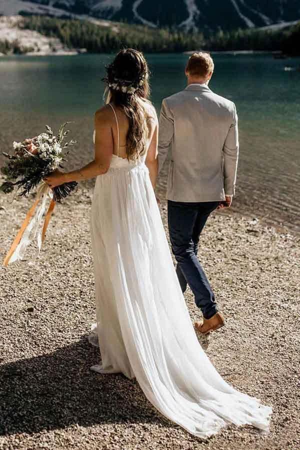 Simple A-line Spaghetti Straps Beach Chiffon Wedding Dresses with Lace (ZD15391) - VelvetHem
