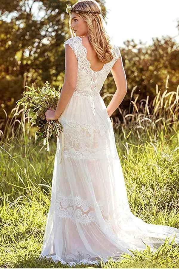 Simple A-Line V-Neck Bohemian Lace Rustic Bridal Gown Wedding Dress (ZD16011)