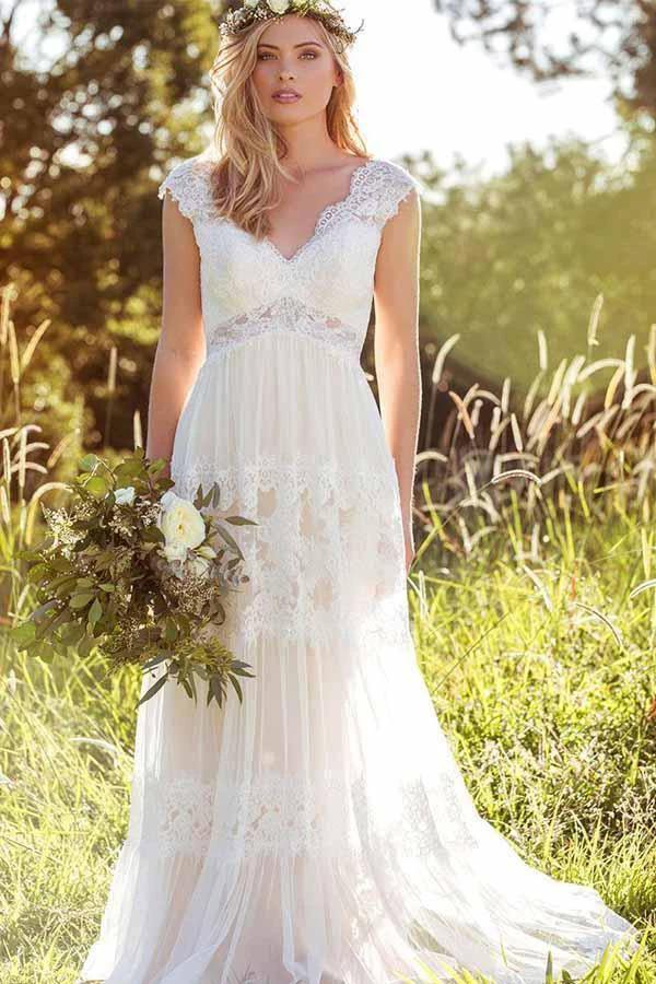Simple A-Line V-Neck Bohemian Lace Rustic Bridal Gown Wedding Dress (ZD16011)