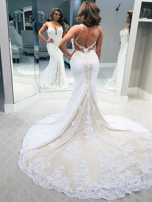 Vintage Lace Fit And Flare Wedding Dress Sheer Back With Long Train