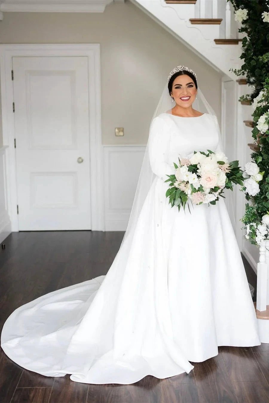 Simple Beautiful A-line Long Sleeves Satin Backless Wedding Dress (ZD14580)