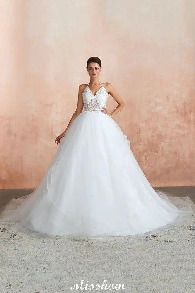 Simple Halter Ball Gown Open Back Lace Bridal Gown with Chapel Train by misshow.com