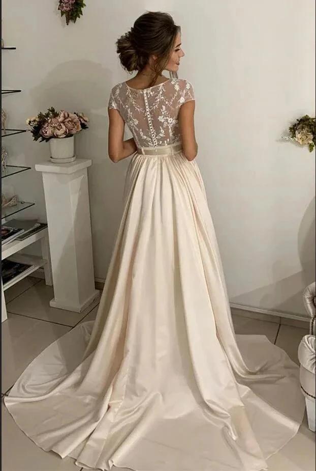 Simple Long A-line jewel Stretch Satin Lace Wedding Dresses (ZD14436)