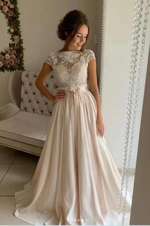 Simple Long A-line jewel Stretch Satin Lace Wedding Dresses (ZD14436) - VelvetHem