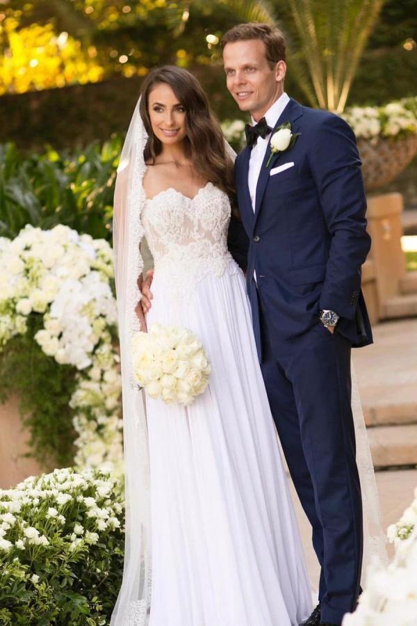 Simple Long A-line Sweetheart Chiffon Appliques Lace Wedding Dress (ZD15029)