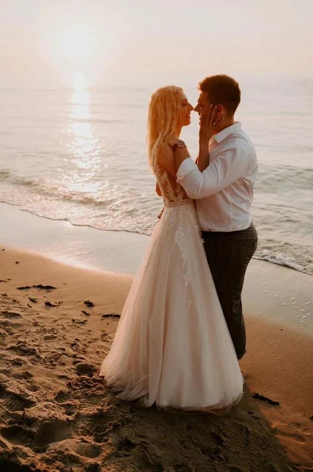 Simple Long A-line V-neck Open Back Tulle Lace Wedding Dress (ZD15201)