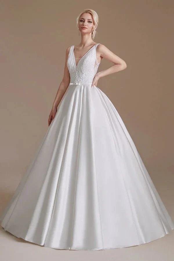 Simple Long A-line V-neck Satin Wedding Dress with Appliques Lace (ZD14346)