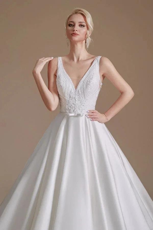 Simple Long A-line V-neck Satin Wedding Dress with Appliques Lace (ZD14346)