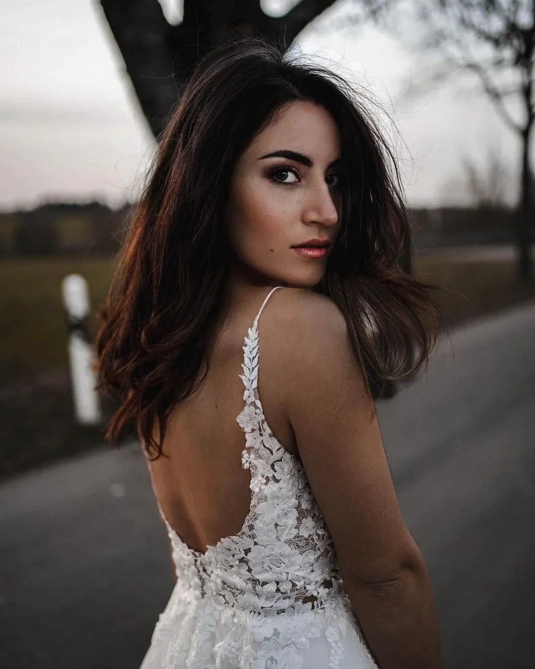 Simple Long A-line V-neck Tulle Backless Wedding Dress (ZD15013)