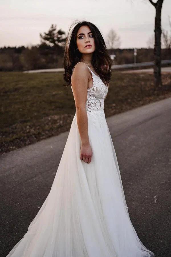Simple Long A-line V-neck Tulle Backless Wedding Dress (ZD15013)
