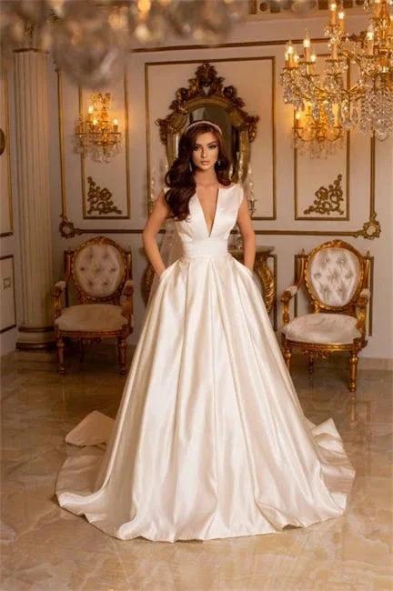 Simple Long Ivory A-line V-neck Satin Sleeveless Wedding Dresses With Train (ZD14957)