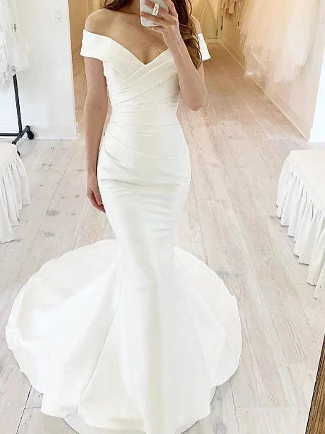 Simple Long Mermaid Off the Shoulder Chiffon Satin Wedding Dresses (ZD15964)