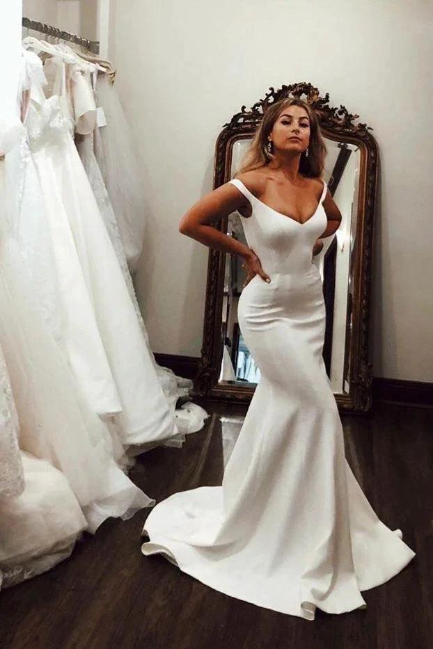 Simple Long Mermaid Off the Shoulder Satin Wedding Dress (ZD15850)