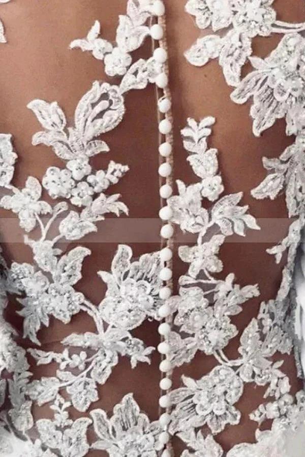 Simple Long Sheath Satin Illusion Lace Back Wedding Dress with Sleeves (ZD14997)