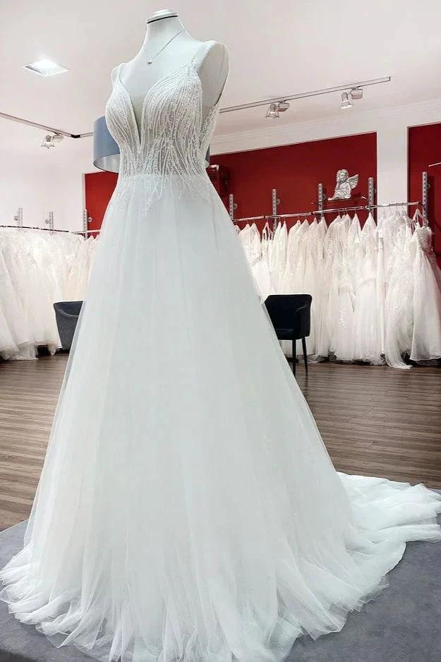 Simple Long V-neck Sequins Ruffles A-line Tulle Backless Wedding Dress (ZD14283)