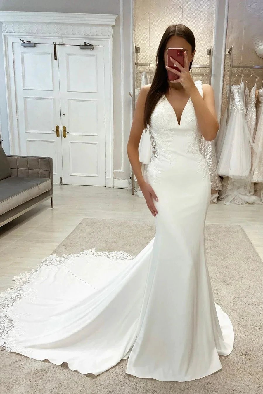 Simple Mermaid V-neck Sleeveless Wedding Dress With Lace (ZD14565)