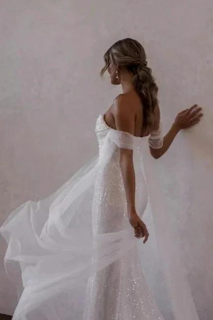 Simple Off-the-shoulder Glitter Mermaid Wedding Dresses (ZD16415)