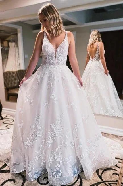 Simple spaghettistraps sleeveless aline lace Wedding dresses (ZD14872)